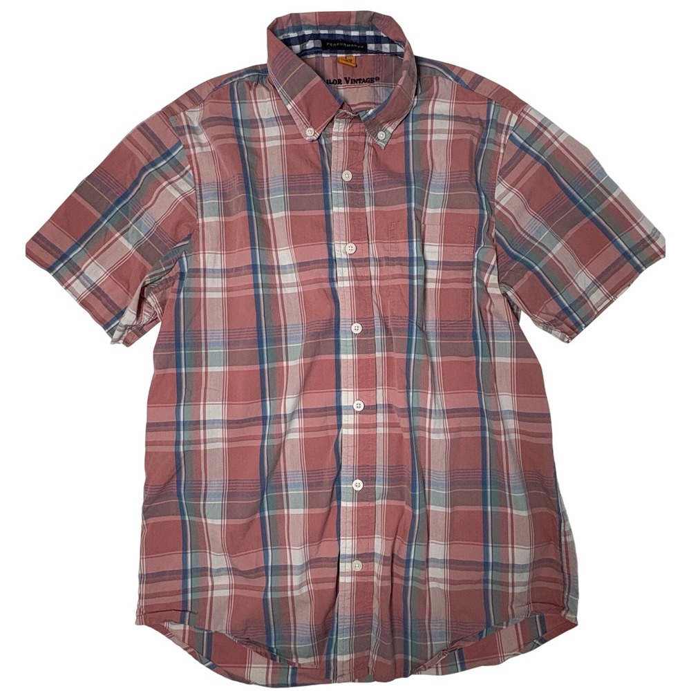 Tailor Vintage Small mens Performance Shirt pink red Plaid‎ Short sleeve stretch